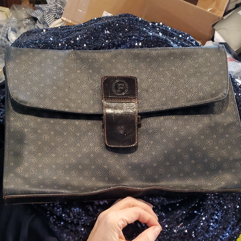 Huge Vintage Elegant Black Leather Clutch or Briefcase Bag with F Letter Pattern